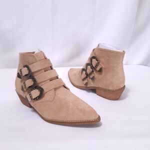 BEAST FASHION Suede Pointed Toe Ankle Boots Buckle Women's Sz 7.5 Tan Western